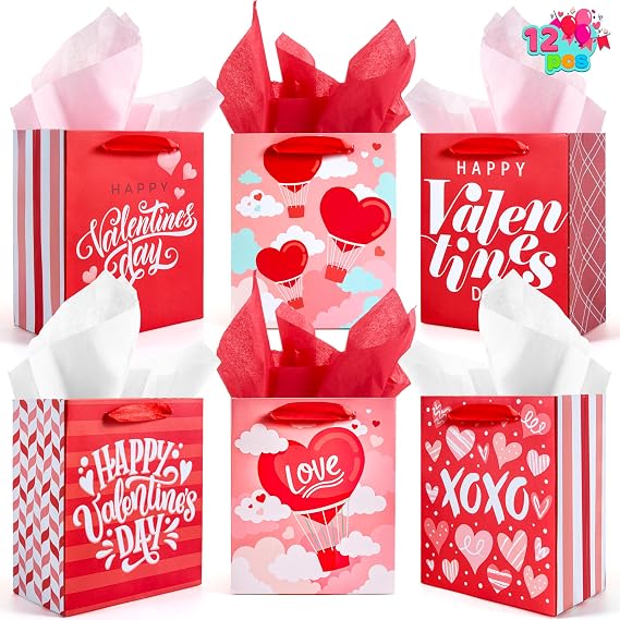 JOYIN 12 Pcs Valentines Day Laminated Paper Gift Bags, 6.4" Gift Treat Bags With Ribbon Handles & 12 Tissue Sheets. 6 Festive Designs Candy Bags with Handle for Valentine Party Favors,Wedding Gifts
