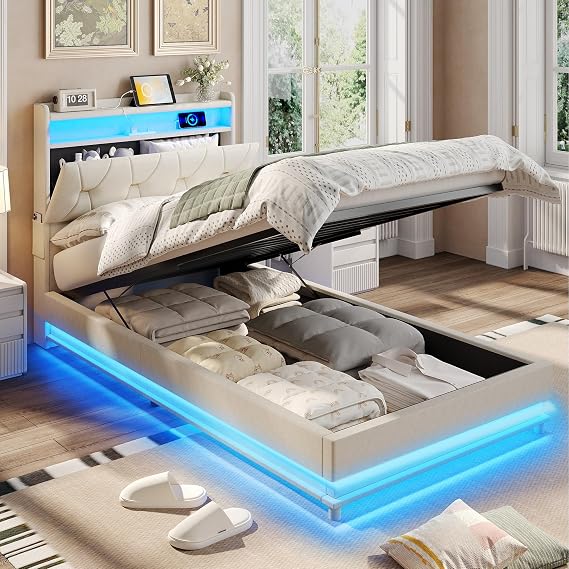 Fameill Twin Size Lift Up Storage Bed Frame, Storage Headboard with Charging Station, LED Lights Upholstered Platform Bed, No Box Spring Needed, Noise-Free, Beige White