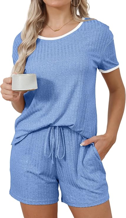 HDLTE Womens Ribbed Sleepwear Outfits Short Sleeve Top and Shorts 2 piece Lounge Set
