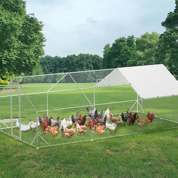 Large Metal Chicken Coop, 19.7'L x 9.8'W x 6.6'H Walk-in Poultry Cage, Chicken Run Pen House with Waterproof & Anti-Ultraviolet Cover Chicken Coop Run for Outdoor Backyard Farm