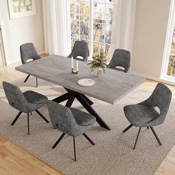 JIEXI Extendable Dining Table and Chairs Set, Modern Dining Room Table Extending 4-6 Seater, MDF Plate Suitable for Living Room, Kitchen (130-170cm Table + 6 Grey Chairs - C)