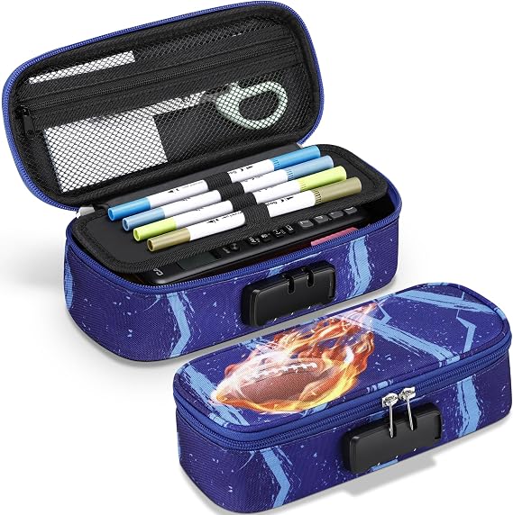 Zannaki Cool Football Pencil Pouch with Lock for Boys, Large Capacity Pencil Case with Handle, Special School Supplies Gifts Cute Zipper Pencil Box Soft Pen Storage Bag Organizer for Kids Teens