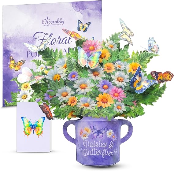 Decorably Handmade 12in Daisy & Butterfly Pop Up Flower Bouquet Card
