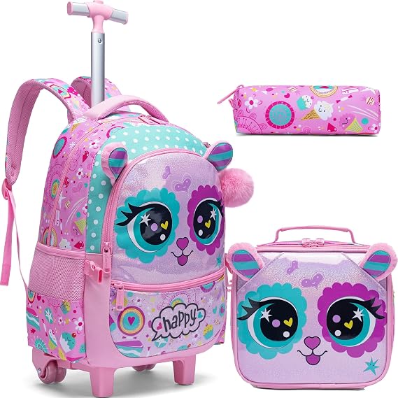 Rolling Backpack for Girls Backpacks with Wheels for Elementary Preschool Students Kids 2 in 1 Travel Luggage Carry on Suitcase for Girls Age 8-10