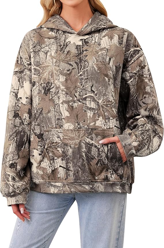TERIVEEK Women Camo Hoodies Oversized Maple Leaf Fleece Hooded Sweatshirt Long Sleeve Fall Trendy Pullover Hoodie with Pocket