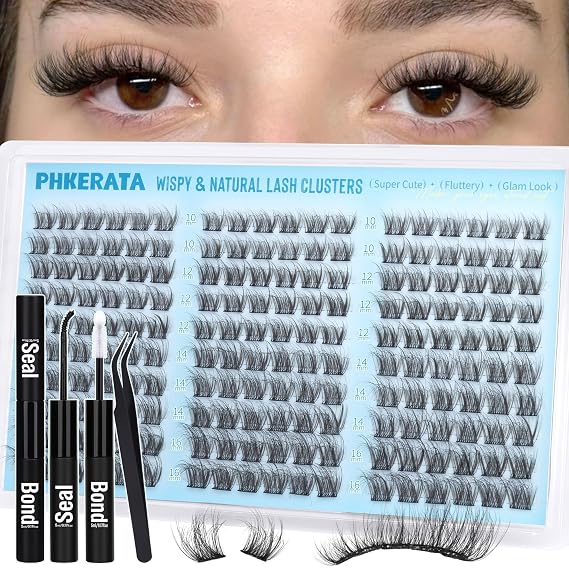 Lash Clusters Kit Natural Eyelash Clusters Wispy Cluster Eyelash Extensions | Lash Extension Kit 180Pcs 10-16mm C Curly Individual Lashes Soft with Lash Bond and Seal, Lash Tweezers