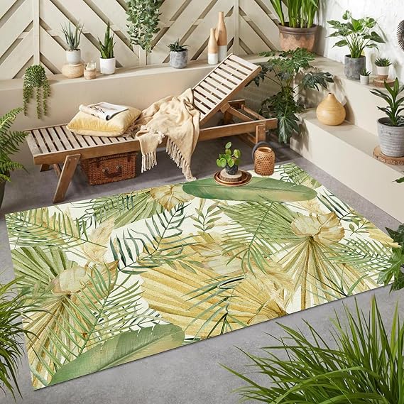 Boho Green Palm Leaves Area Rug, 3x4ft, Nordic Style Tropical Botanical Yellow Green Leaf Print Rug, Modern Nature Non-Slip Washable Indoor Carpet, Low Pile Thin Rug for Living Room Patio