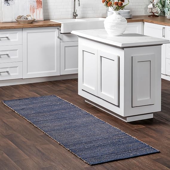 nuLOOM 2'6" x 8' Elfriede Jute & Cotton Hand Woven Area Rug, Blue, Solid Rustic Farmhouse Style, Weaved Design, Natural Fiber, For Bedroom, Living Room, Dining Room, Hallway, Office, Entryway
