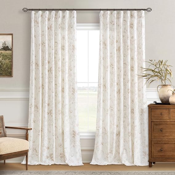 BILEEHOME Coffee Flower Print Pinch Pleated Linen Curtains 96 Inch Long