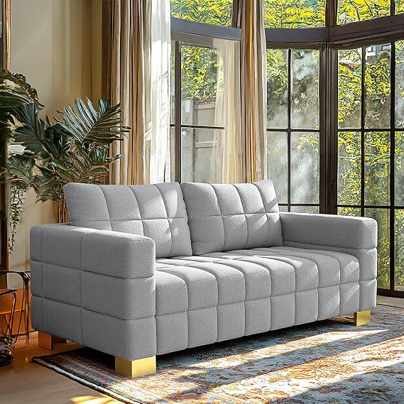 DAMAIFROM Sofa Sectional Couch with Metal Legs, 82" Chenille Couch Grey and Gold Sofa Luxury Loveseat for Living Room, Golden Sofas with 2 Pillows & Classic Golden Legs, Grey