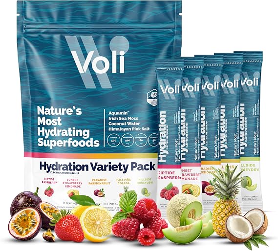 Voli Hydration Packets Electrolyte Drink Mix | Sea Moss, Aquamin, Coconut Water & Himalayan Salt | No Added Sugar, Keto Friendly | Variety Pack, 15 Count