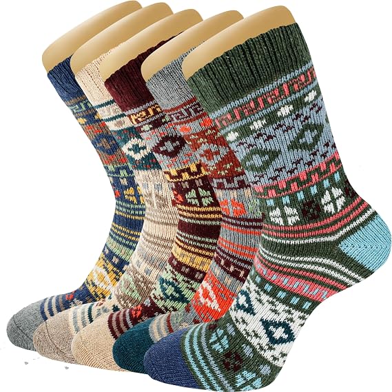 LWWTBS Womens Wool Socks 5 Pairs Warm Winter Knit Wool Soft Vintage Casual Crew Socks Stocking Stuffers Gifts for Women Men