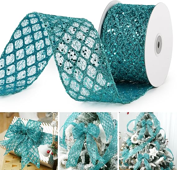 MAYREEL Teal Blue Mesh Wired Ribbon 2.5 Inch 10 Yards