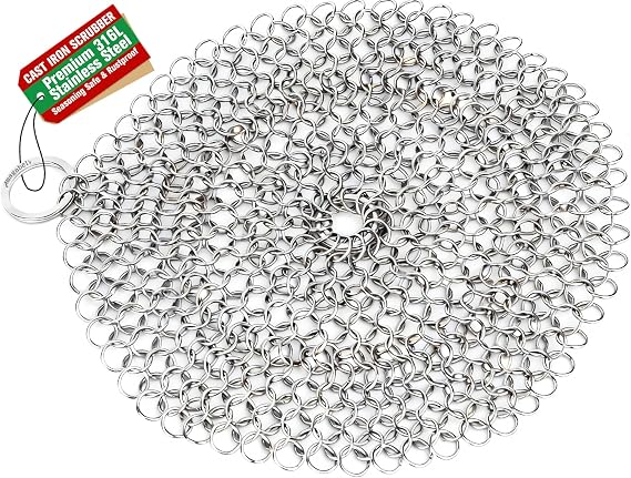 Amagabeli 8x8 316 Stainless Steel Cast Iron Cleaner Round Chainmail Scrubber for Cast Iron Pan Skillet Cleaner for Dishes Glass Pre-Seasoned Cast Iron Pot Seasoning Protection Cookware Accessories