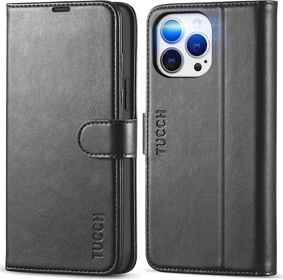 TUCCH Wallet Case for iPhone 13 Pro Max (6.7") 2021, 4 Card Holders, Black | RFID Blocking, Viewing Stand, Shockproof TPU Shell, PU Leather, Magnetic Closure, Protective Folio Flip Cover