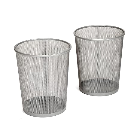 Seville Classics Small Cylinder Trash Can for Home or Office, 6 Gallon Mesh Round Bins, Lightweight, Steel Wastebasket Set for Garbage or Recycle, 2-Pack, Silver