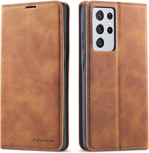 EYZUTAK Magnetic Closure Premium PU Leather Flip Case for Samsung Galaxy S22 Ultra 5G - Wallet Stand Function Shockproof Silicone Retro Brown