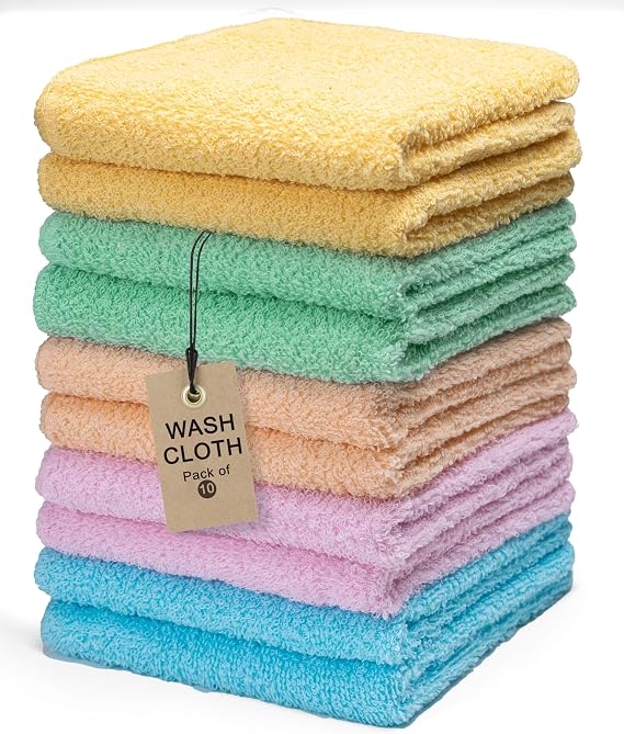 Terry Washcloths 12x12 Inches Pack of 10 Multicolor Highly Absorbent, Soft Feel and Multipurpose Cotton Wash Cloths for Everyday Use