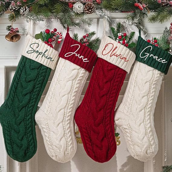 Noni Personalized Embroidered Christmas Stockings 2025 Custom Knit Xmas Decorations with Embroidered Names Holiday Stockings for Family, Kids, Couples, Fireplace, Staircase, or Tree Decor