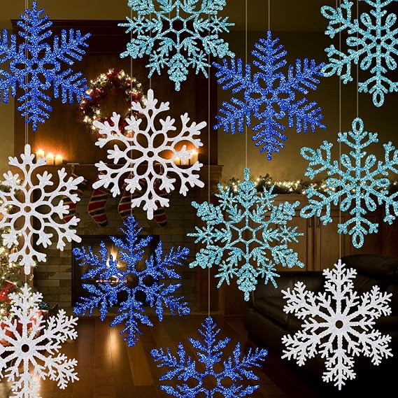 24 Pack 12-Inch Large Glitter Hanging Snowflakes, Multicolor