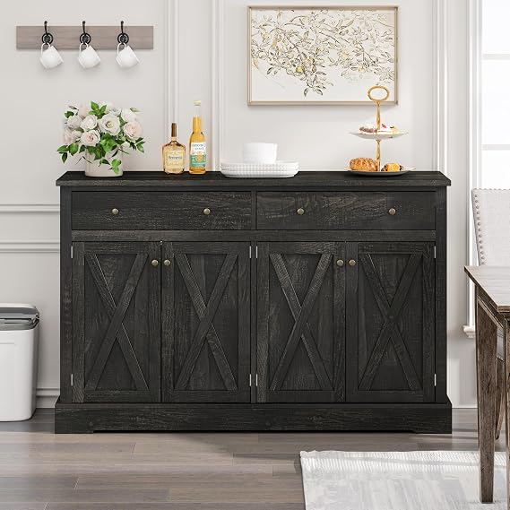 Sideboard Buffet Cabinet with Storage, 55" Large Kitchen Storage Cabinet with Drawers and Shelves, Farmhouse Coffee Bar Cabinet Buffet Table Console Cabinet for Kitchen Dining Room, Black