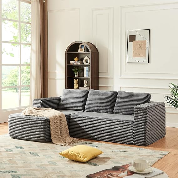 Panana 3 Seater Modular Sectional Sofa, L-Shape Left Facing Chaise with Memory Foam Seating, Cloud Boneless Couch Fabric Sofa Bed – No Assembly Required (Grey)