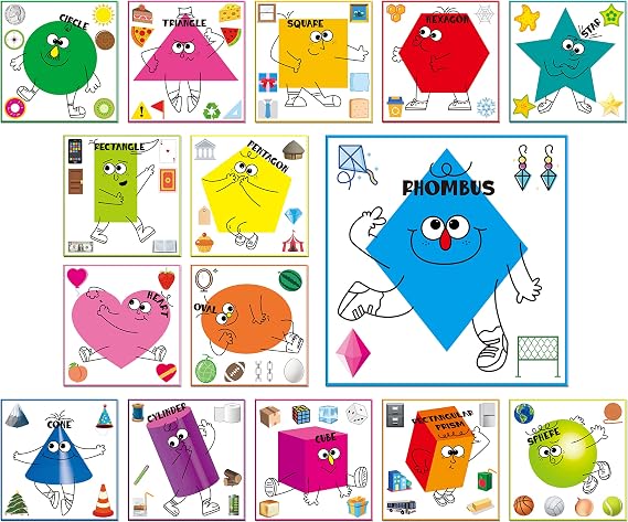 15 PCS Shape Posters, Shapes Learning Bulletin Board Set School Decoration Supplies Teaching Tool for Toddler Kid Family Classroom, 12 x 11.5