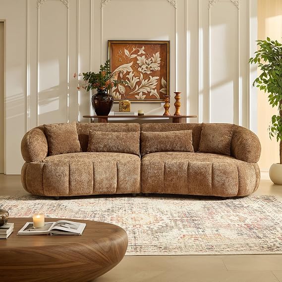 102.36" Modern Sectional Curved Sofa, Cloud-Like Sofa Textured Fabric Couch,Upholstered 4-Seat Comfy Sofa with Pillows for Living Room,Apartment (Brown)