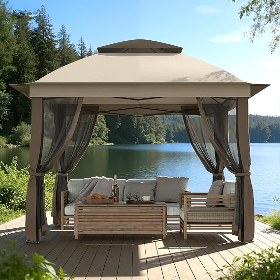 11'X11' Gazebo Pop Up with 4 Sidewalls Mosquito Netting | Heavy Duty Patio Gazebo Canopy Tent with Double Air Roofs for Backyards, Patios, Decks, Gardens, Parks