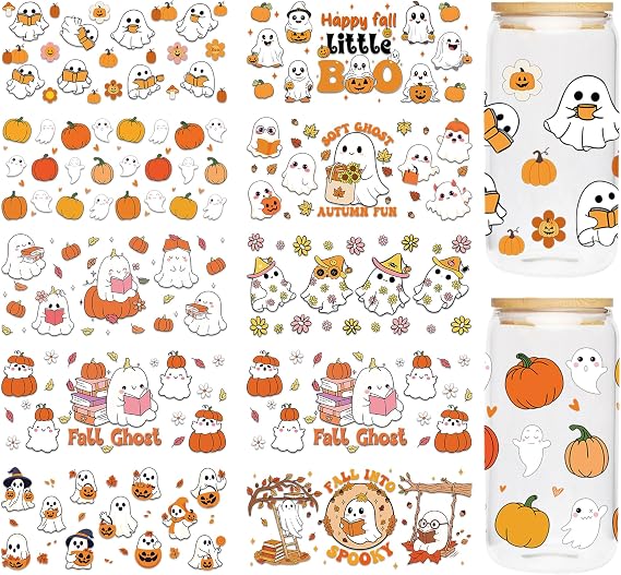 Fall UV DTF Cup Wraps, 10 Sheet Ghost Sticker for 16 OZ Glass