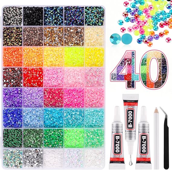 EBANKU Resin Jelly Rhinestones for Bedazzling and Diamond Art, 40000Pcs 3mm Bedazzler Kit with Rhinestones, 40 Colors Flatback Gems with 3Pcs B7000 Glue & Tweezers & Pick Up Pen