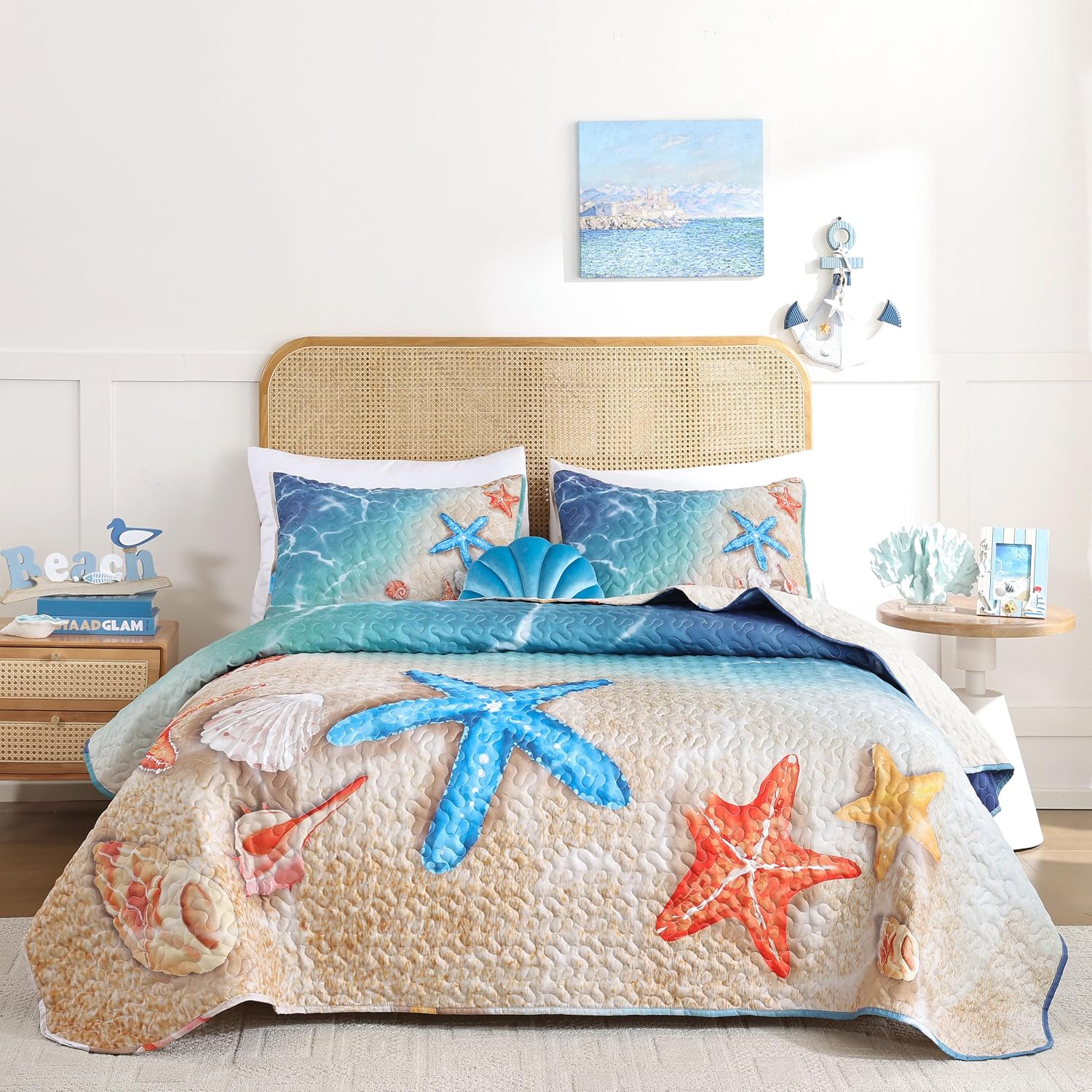weigelia Coastal キルトセット クイーンサイズ – 3ピース 軽量ビーチテーマ寝具、ソフトで通気性のあるポリエステルカバーレット、オールシーズンキルト&ベッドスプレッド 寝室の装飾用
