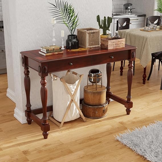 Solid Wood Computer Writing Desk with 2 Storage Drawers, Traditional Vanity Dressing Table, Small Home Office Desk, Corner Table, Easy Assembly 39.37 x 15.74 x 30.9 Cherry Red Walnut SSZ1533WD