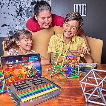 CMS MAGNETICS - (156-Piece Multi-Color Magnet Building Toy Tin Box Case Construction Sticks Set STEM Educational Learning Activity for Brain Development, Creativity, Imagination, Attention Span