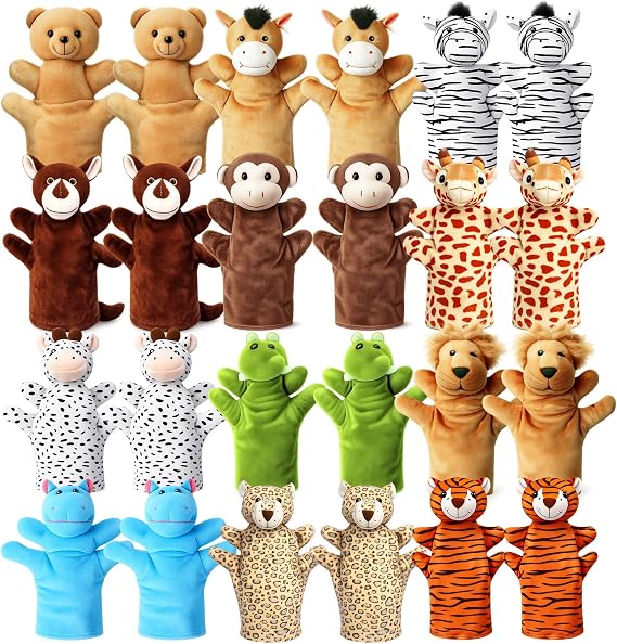 24 Pcs Animal Hand Puppets for Kids, Soft Plush Pretend Play Toddler Toys | Small Stuffed Animals Bulk with Tiger Lion Bear, Great for Show Theater, Role Play, Birthday Gifts for Girls & Boys