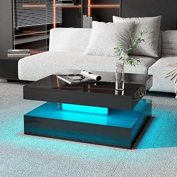HedoAjim Black LED Coffee Table for Living Room, Living Room Table 2-Tier Square Center Tables, Wood Coffee Tables with Storage, Tea Table for Dining Reception Room