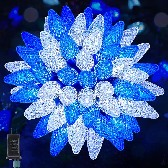 Minetom C9 Christmas Outdoor Lights, 72 FT 110 LED C9 String Lights, 8 Modes & Timer Extendable Waterproof for Christmas Tree Indoor Outdoor Xmas Decor, Blue White