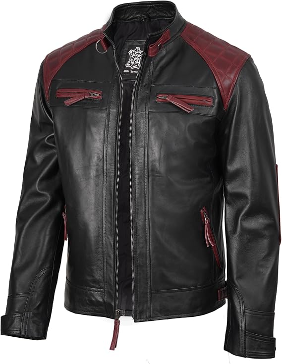 fjackets Real Lambskin Leather Biker Jacket — Quilted Cafe Racer Zip Up Moto Jacket Men | [1107893] Rollins Black and Maroon Leather Jacket,M