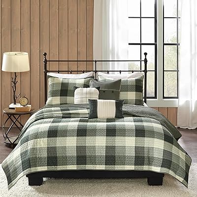 Madison Park Reversible Quilt Cabin Lifestyle Plaid Design - All Season, Breathable Coverlet Bedspread Bedding Set, Matching Shams, Ridge Grey KingCal King104x92 6 Piece