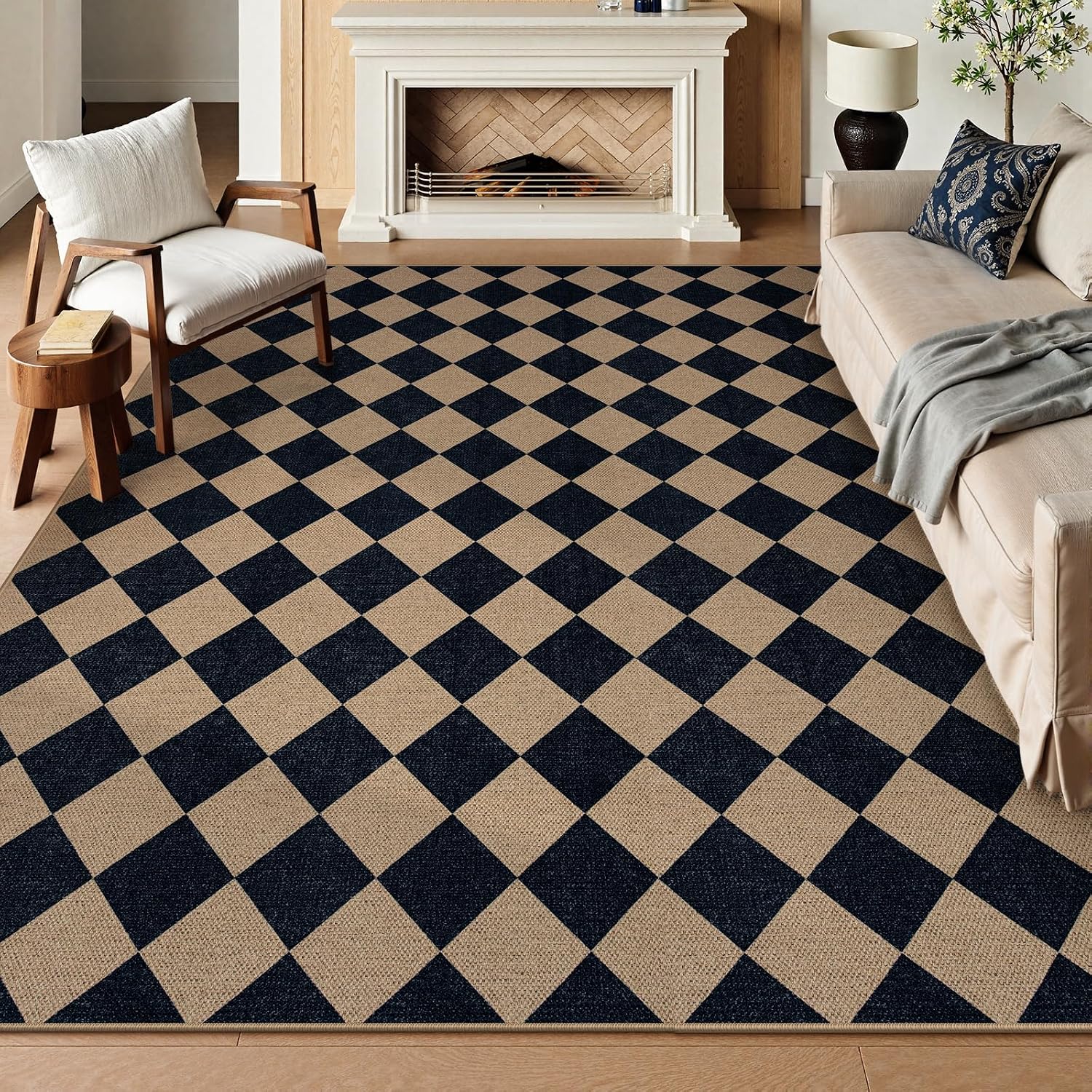 Lahome Checkered Easy Jute Indoor Outdoor Rug, 9x12 Stain Resistance Dining Room Rug, Farmhouse Neutral Non Slip Non Shedding Washable Floor Carpet for Patio Living Room Office