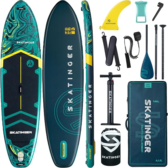 Skatinger 11'635" Super Wide Inflatable Paddle Board, Ultra Stable Stand Up Paddleboards for 450lb/3 People/Family/Big Size w/Shoulder Strap, 100L Backpack, Ultra-Light All-Round Sup Board