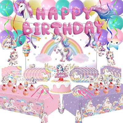 Unicorn Party Birthday Supplies - 220Pcs Unicorn Party Decorations Included Backdrop, Banner, Tablecloth, Hanging Swirls, Cupcake Toppers, Tableware, Paper Towel, Latex Balloons BIG