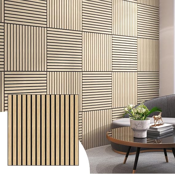 Dundee Deco Acoustic Panels, Wooden Slats for Decor and Noise Reduction - 3D Wall Panels or Ceiling Panels - Oak Beige - Set of 2, Covers 7.8 sq ft