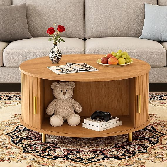 DHH Round Coffee Table, 31.5" Mid Century Modern Coffee Table with 360 Sliding Tambour Door, Fluted Accent Coffee Table with Storage,Adjustable Footpads for Living Room, Yellow Walnut