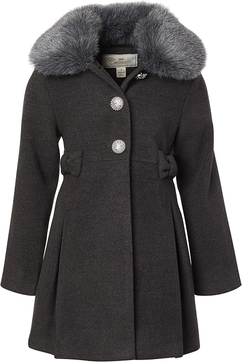 Cremson Girl Wool Look Winter Princess Bow Dress Pea Coat Jacket Faux Fur Collar