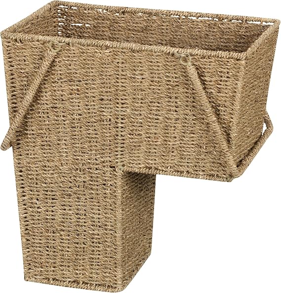 Household Essentials Wicker Stair Basket with Handles, Handwoven Seagrass, Natural