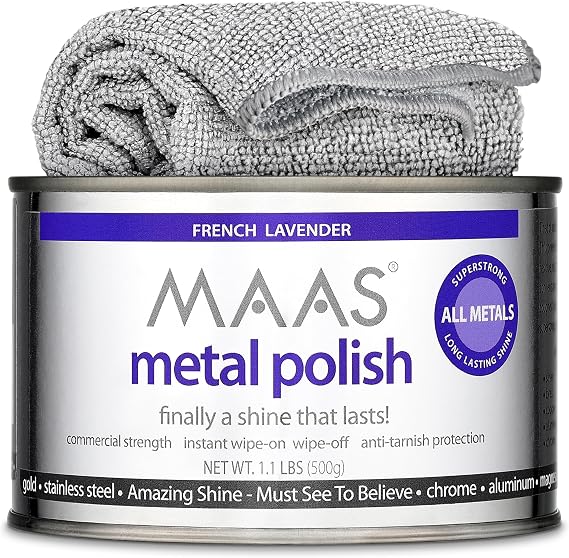 MAAS Metal Polish 1.1lb Can Plus Free Cloth, Universal Metal Cleaner for All Metals, Clean, Polish, and Protect Silver, Brass, Copper and More, Tarnish Remover and Silver Cleaner for Jewelry