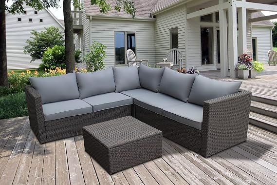 Outdoor Patio Furniture Set with Ottoman Square Coffee Table 4 Piece Patio Sectional Sofa Couch, Modern Brown Rattan Wicker with Seat Cushions - Light Grey - Oliver & Smith - Sunny