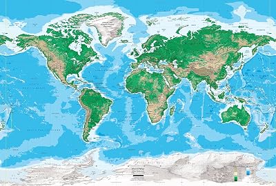 Academia Maps - World Map Wall Mural - Blue Ocean Topography Map - Premium Self-Adhesive Fabric