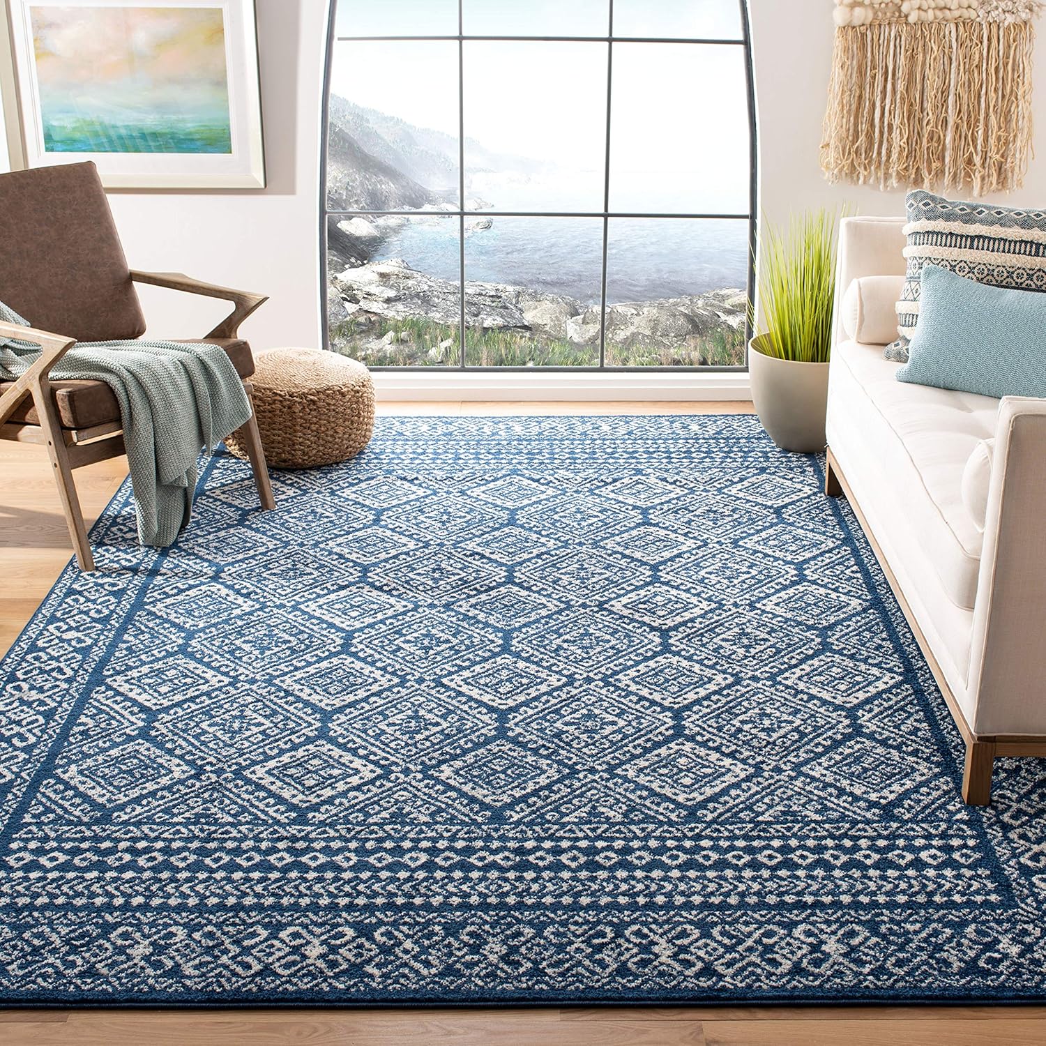 SAFAVIEH Tulum Collection Area Rug - 9 x 12, Navy & Ivory, Moroccan Boho Distressed Design, Non-Shedding & Easy Care, Ideal for High Traffic Areas in Living Room, Bedroom TUL264N